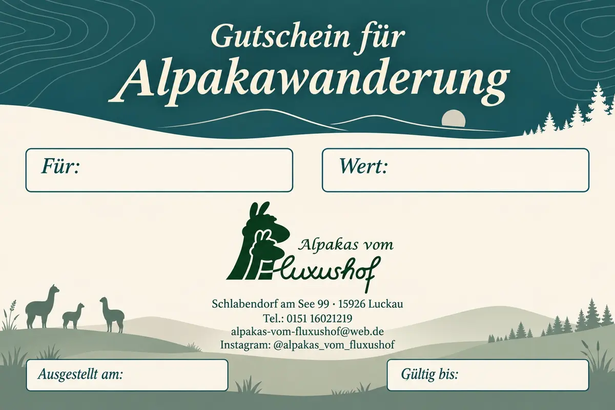 Gutscheinmotiv Alpakawanderung Bergwald